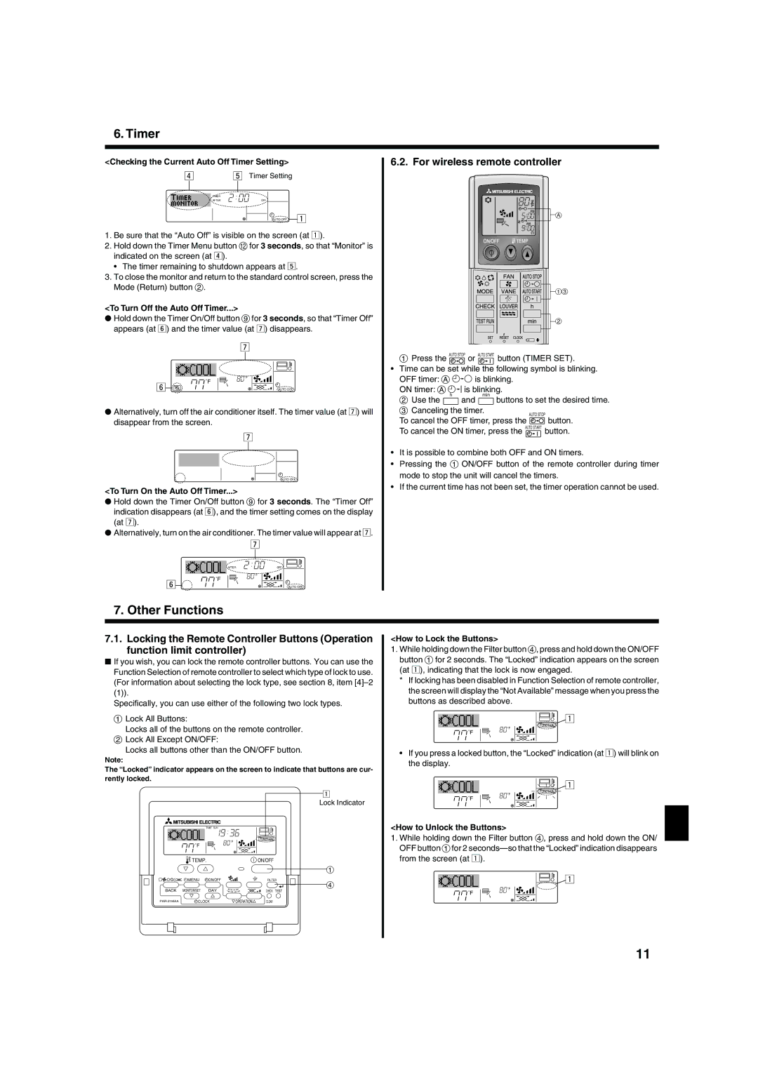 Mitsubishi Electronics PKA-AGAL, PCA-AGA, PLA-AAA, PKA-AFAL operation manual Other Functions, For wireless remote controller 