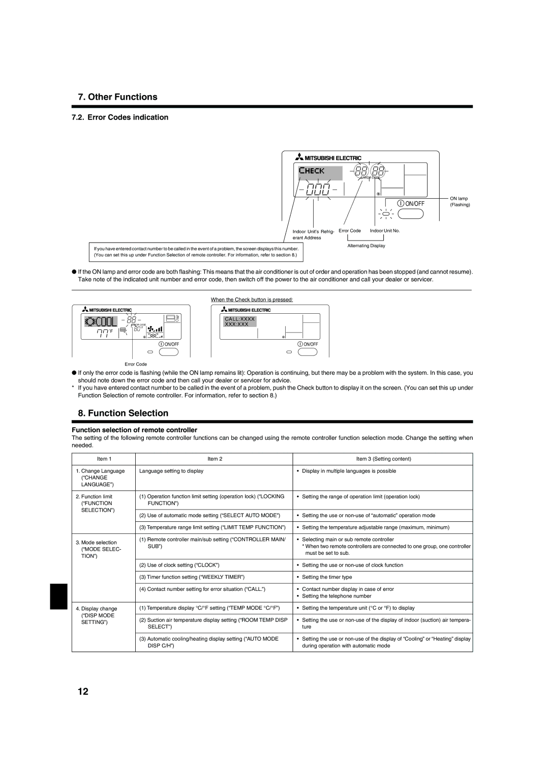 Mitsubishi Electronics PCA-AGA Function Selection, Error Codes indication, Function selection of remote controller 