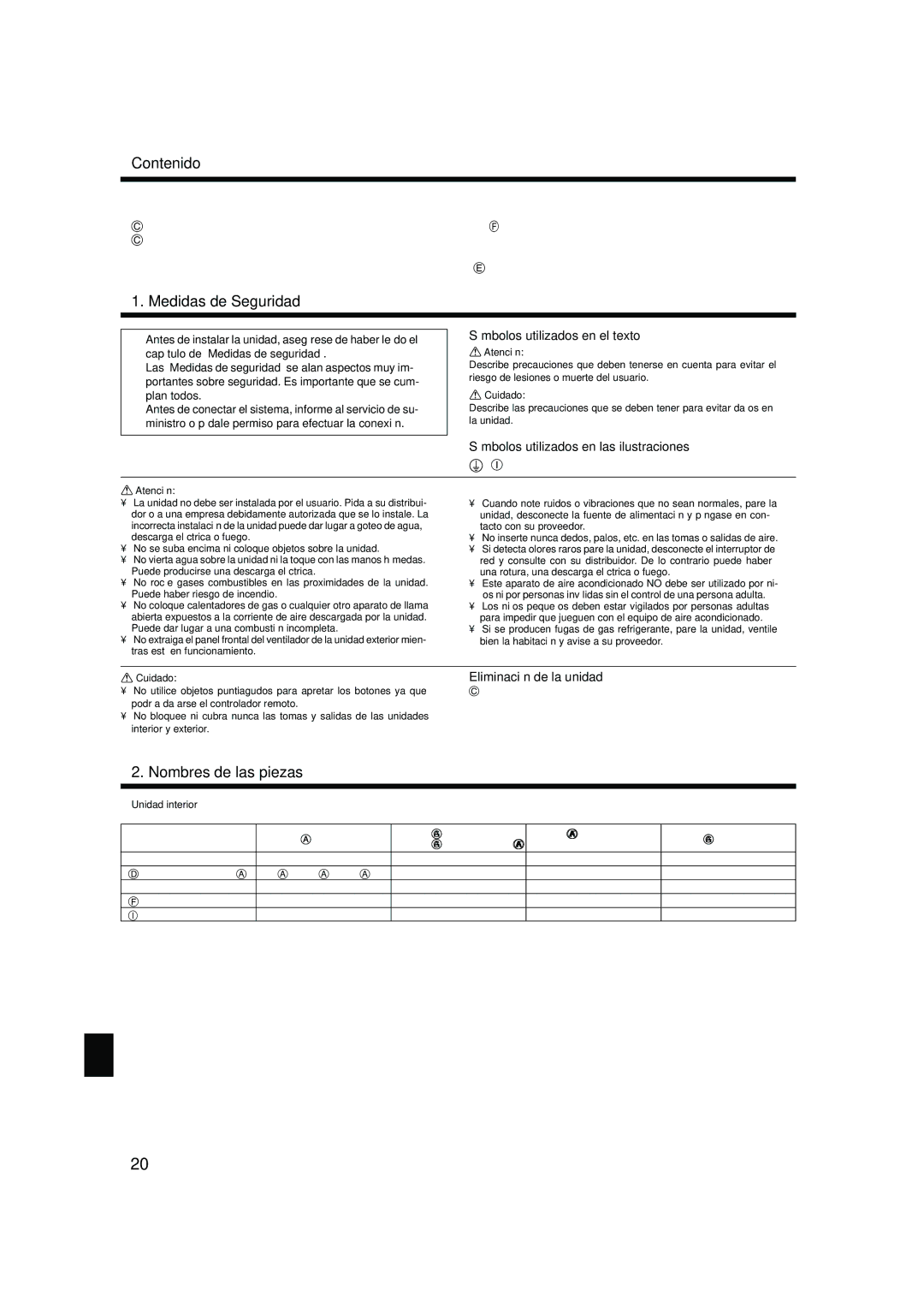 Mitsubishi Electronics PCA-AGA, PLA-AAA, PKA-AFAL, PKA-AGAL Contenido, Medidas de Seguridad, Nombres de las piezas 