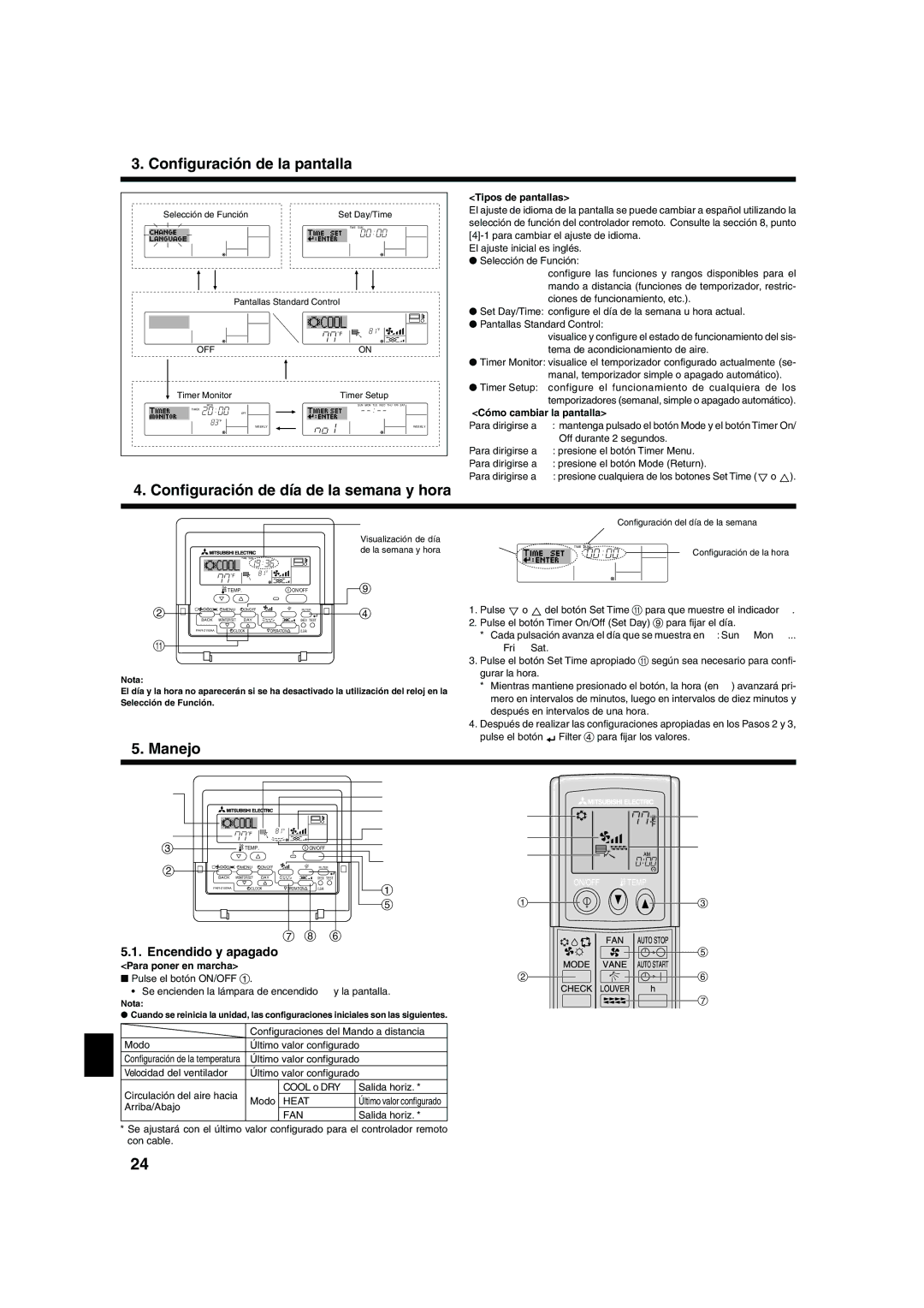 Mitsubishi Electronics PCA-AGA, PLA-AAA Configuración de la pantalla, Configuración de día de la semana y hora, Manejo 