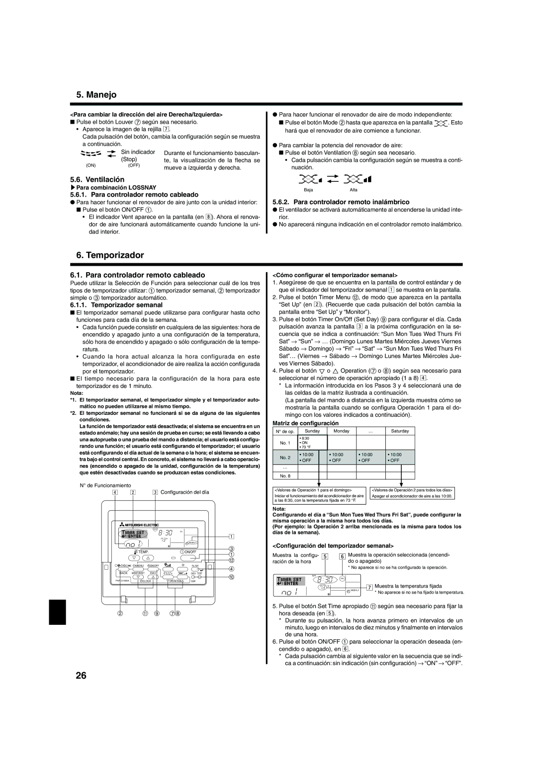 Mitsubishi Electronics PKA-AGA, PCA-AGA, PLA-AAA, PKA-AFAL Temporizador, Ventilación, Para controlador remoto cableado 