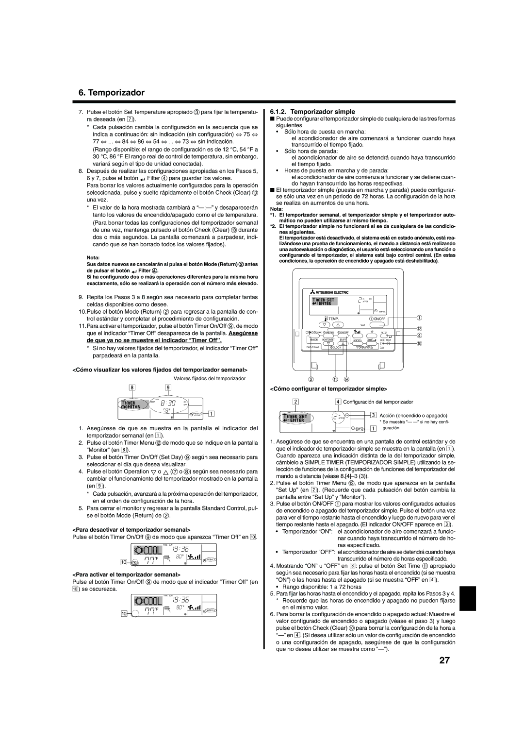 Mitsubishi Electronics PKA-AFAL, PCA-AGA, PLA-AAA Temporizador simple, De que ya no se muestre el indicador Timer Off 