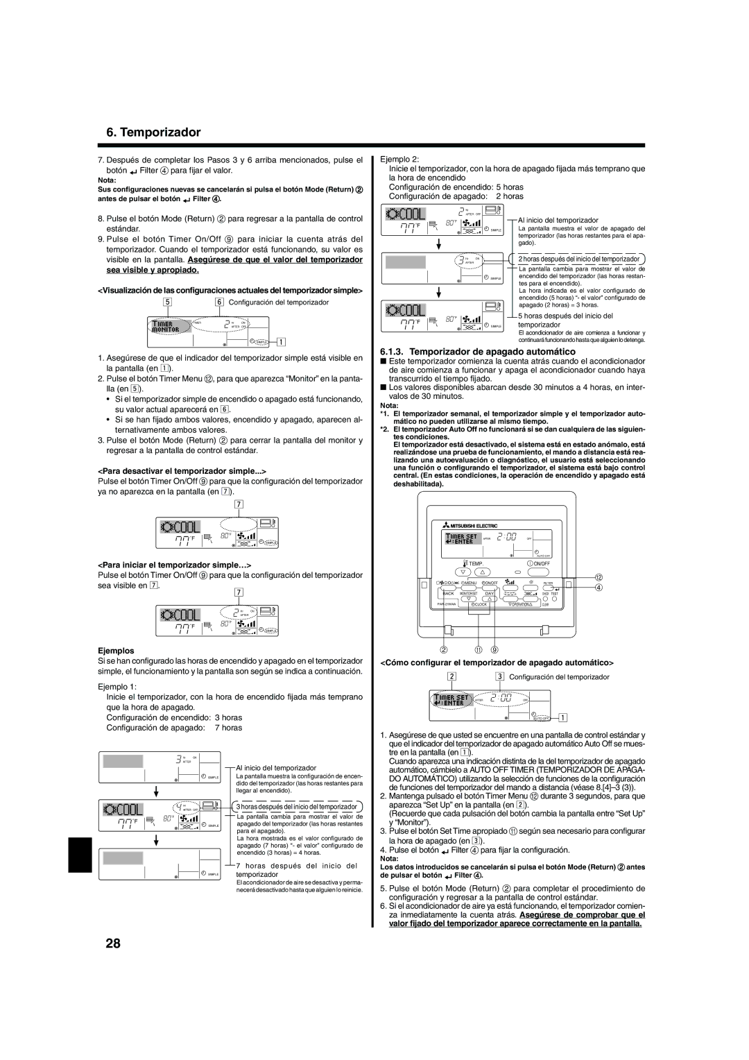 Mitsubishi Electronics PCA-AGA, PLA-AAA, PKA-AFAL, PKA-AGAL operation manual Temporizador de apagado automático 