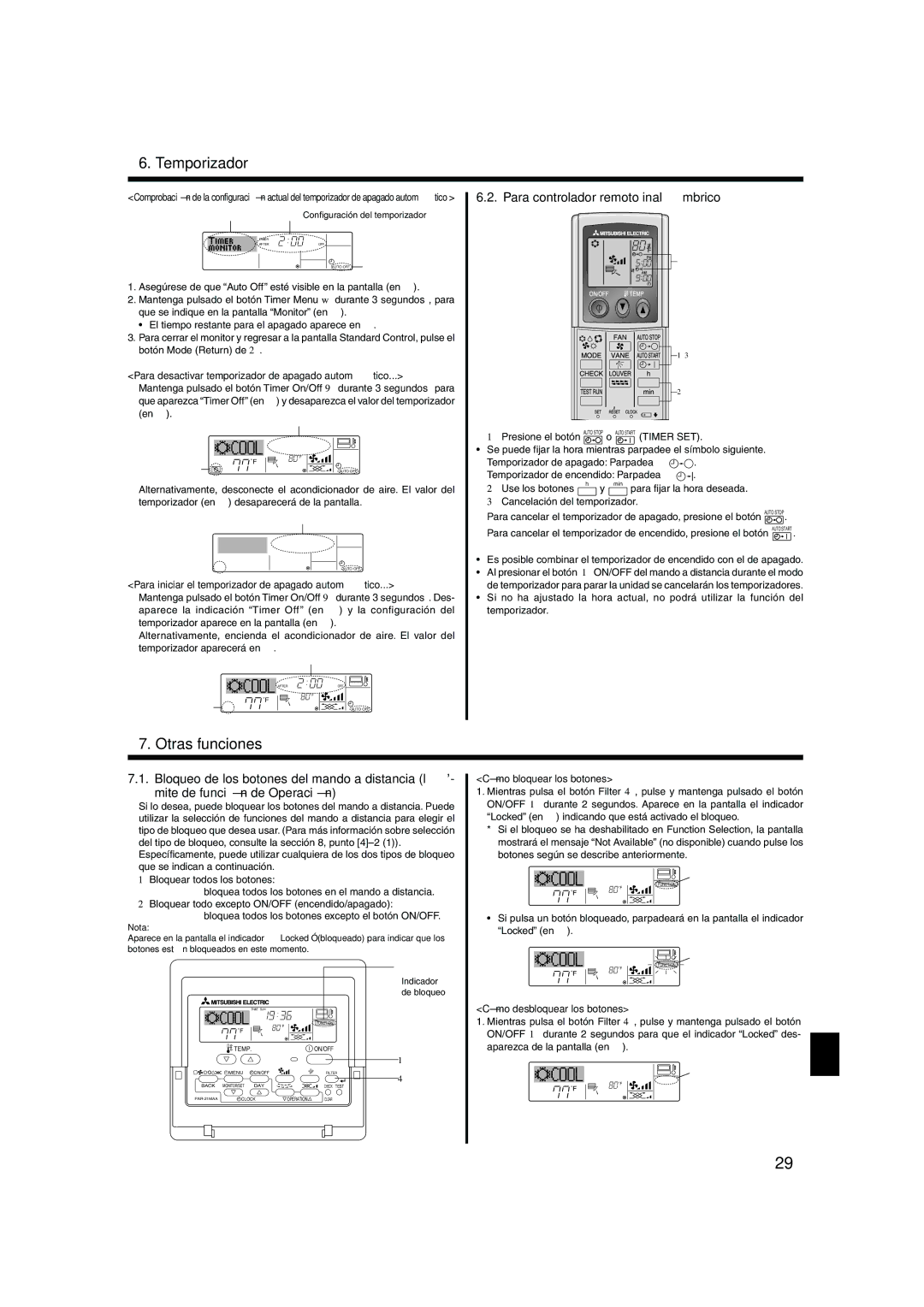 Mitsubishi Electronics PKA-AGAL, PCA-AGA, PLA-AAA, PKA-AFAL Otras funciones, Para controlador remoto inalámbrico 