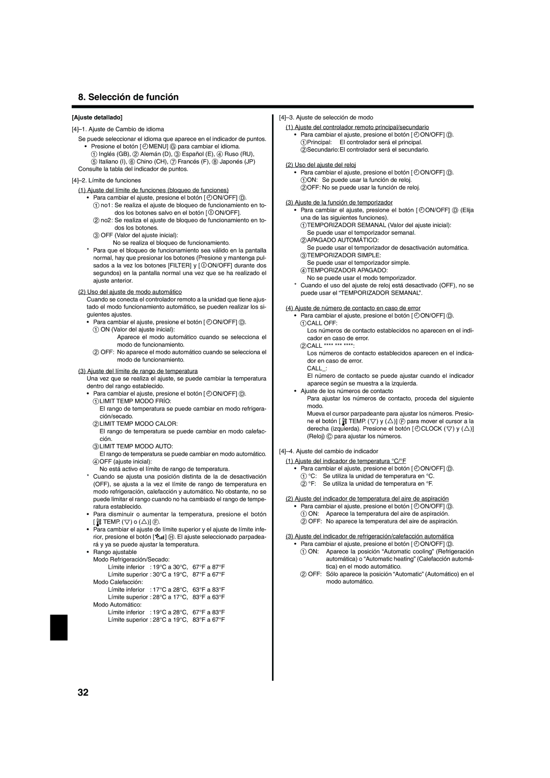 Mitsubishi Electronics PCA-AGA, PLA-AAA, PKA-AFAL, PKA-AGAL operation manual Ajuste detallado 