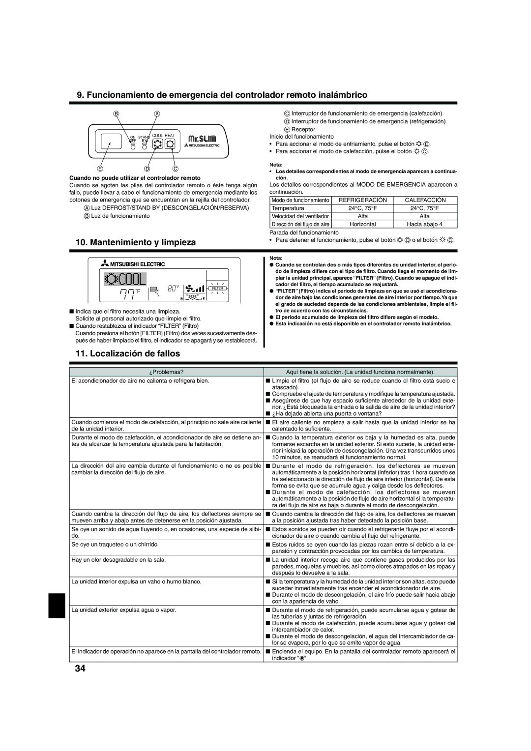 Mitsubishi Electronics PKA-AFA, PCA-AGA Mantenimiento y limpieza, Localización de fallos, Refrigeración Calefacción 