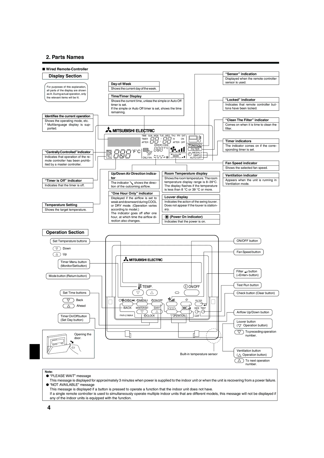 Mitsubishi Electronics PKA-AFA, PCA-AGA, PLA-AAA Display Section, Operation Section, Wired Remote-Controller, Temp, On/Off 