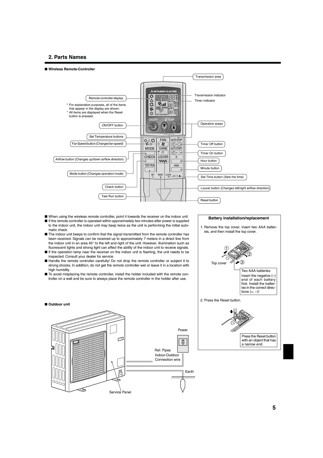 Mitsubishi Electronics PKA-AGAL, PCA-AGA, PLA-AAA, PKA-AFAL Battery installation/replacement, Wireless Remote-Controller 