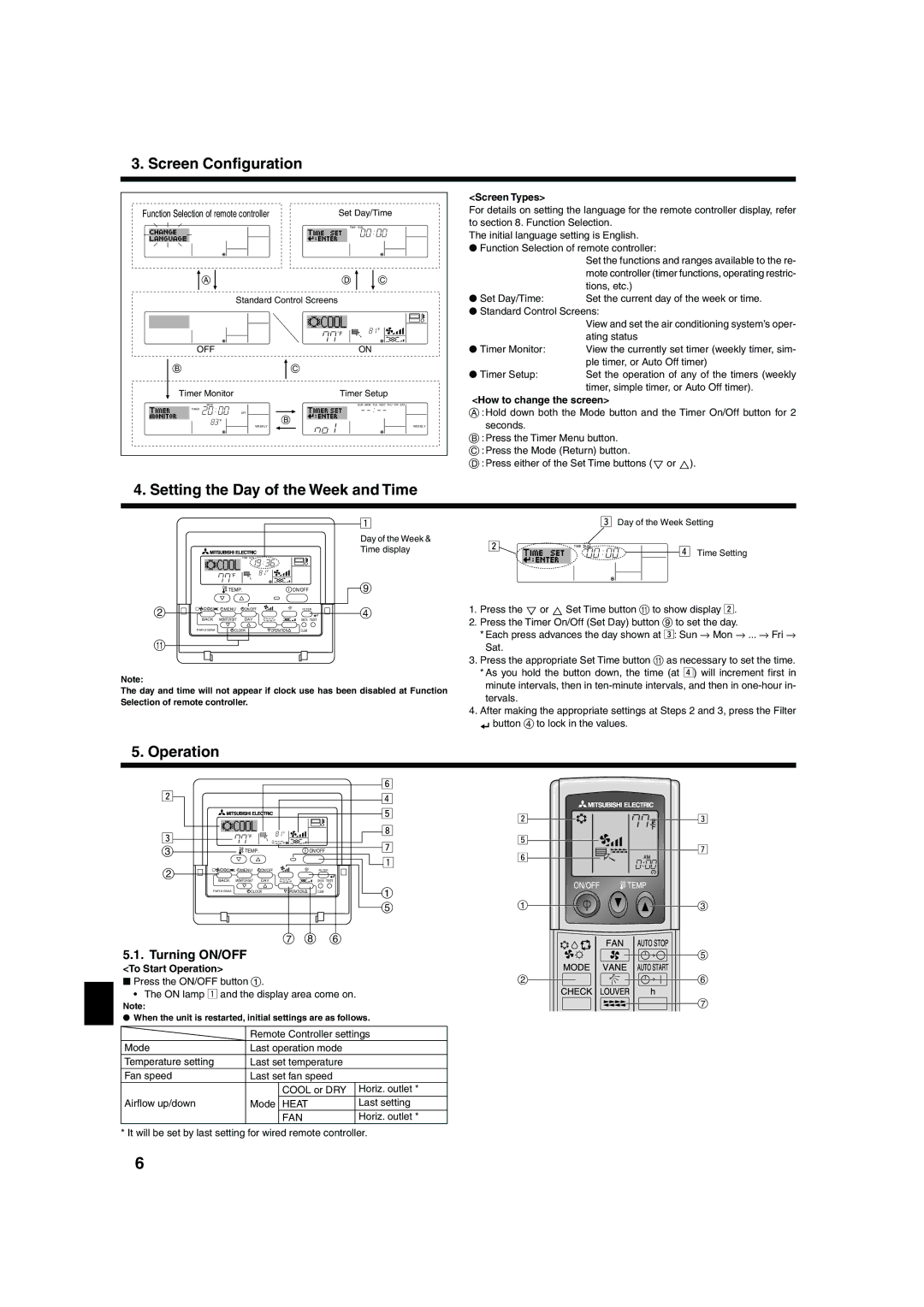 Mitsubishi Electronics PCA-AGA Screen Configuration, Setting the Day of the Week and Time, Operation, Turning ON/OFF 