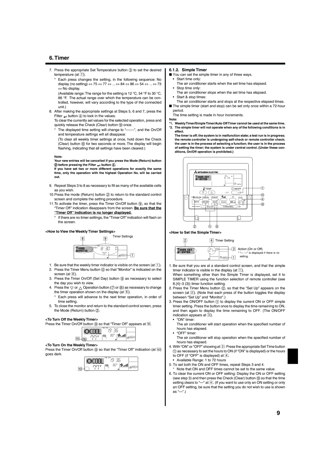 Mitsubishi Electronics PKA-AFAL, PCA-AGA, PLA-AAA, PKA-AGA Simple Timer, Timer Off indication is no longer displayed 