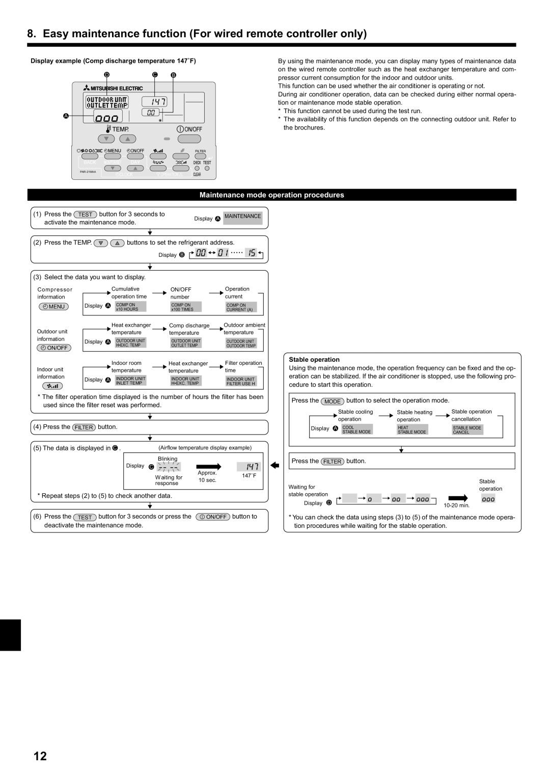 Mitsubishi Electronics PCA-A.KA4 Easy maintenance function For wired remote controller only, Stable operation 