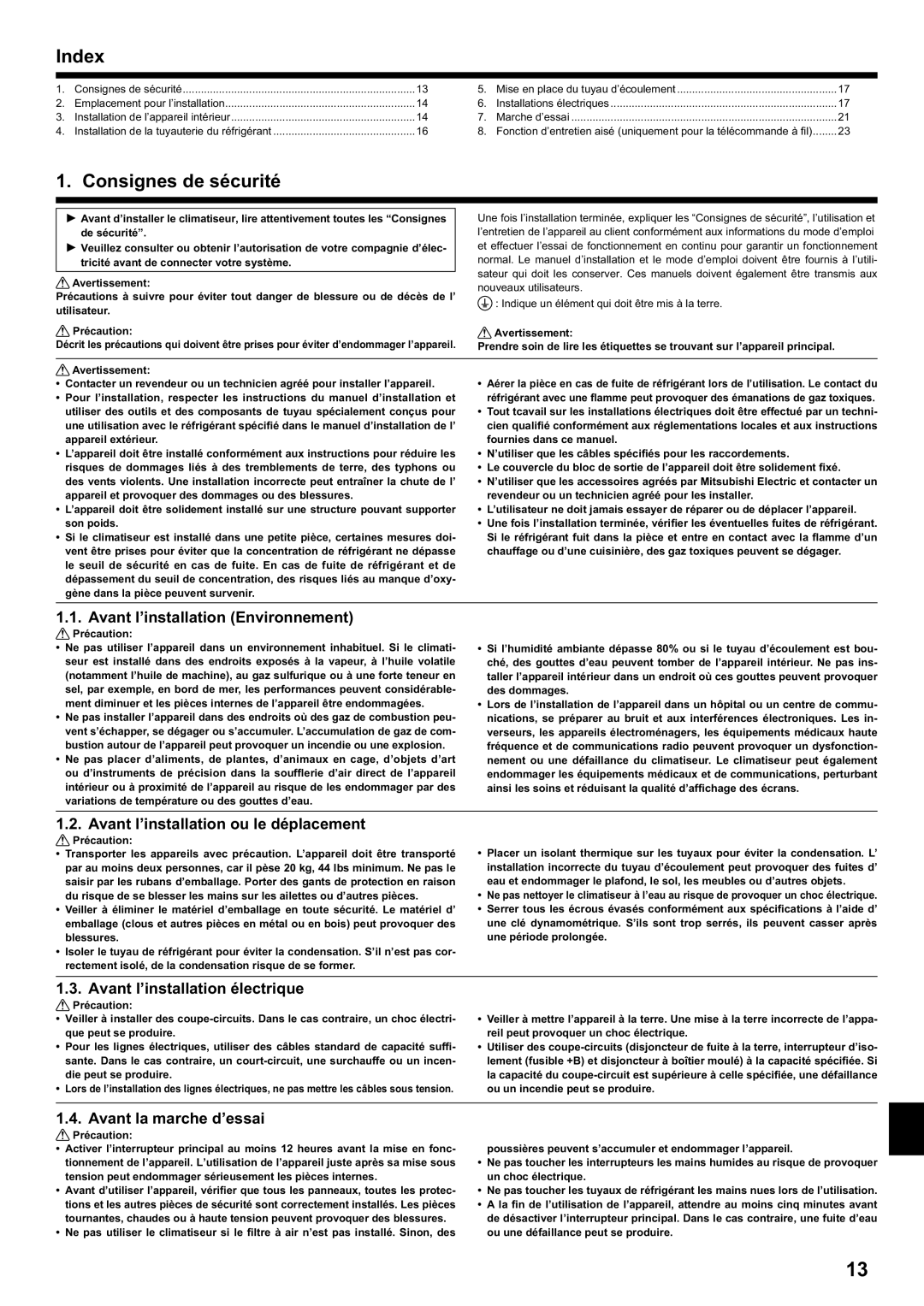 Mitsubishi Electronics PCA-A.KA4 installation manual Index, Consignes de sécurité 