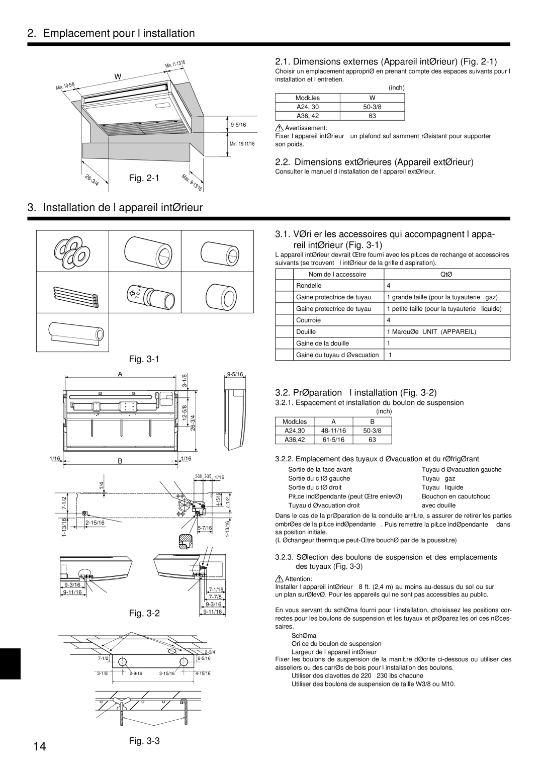 Mitsubishi Electronics PCA-A.KA4 installation manual Emplacement pour l’installation, Installation de l’appareil intérieur 