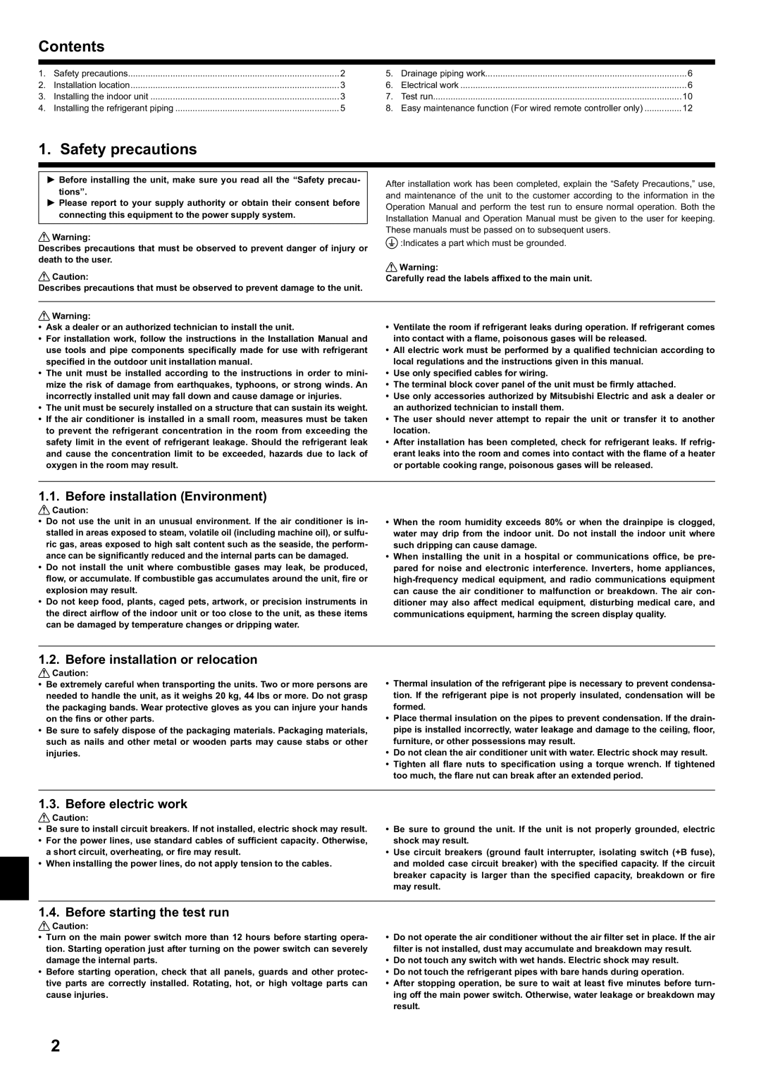 Mitsubishi Electronics PCA-A.KA4 installation manual Contents, Safety precautions 