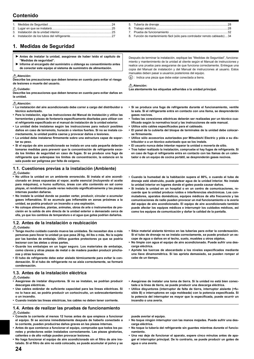 Mitsubishi Electronics PCA-A.KA4 installation manual Contenido, Medidas de Seguridad 