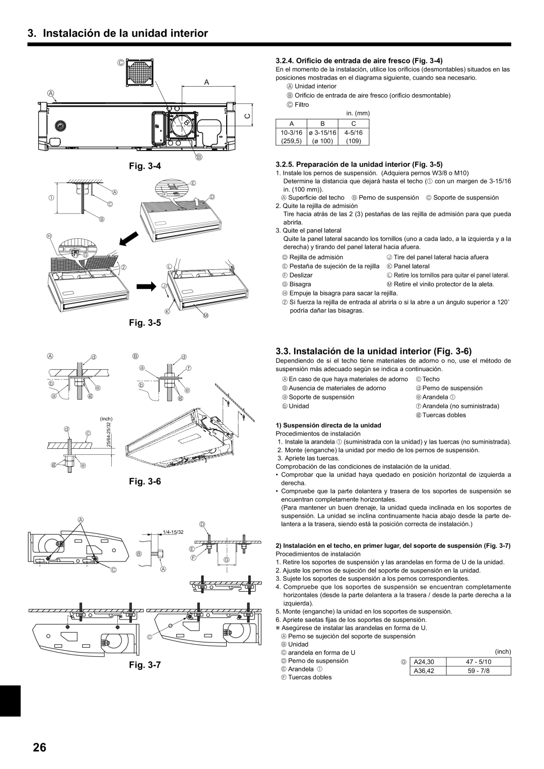 Mitsubishi Electronics PCA-A.KA4 Instalación de la unidad interior Fig, Oriﬁcio de entrada de aire fresco Fig 