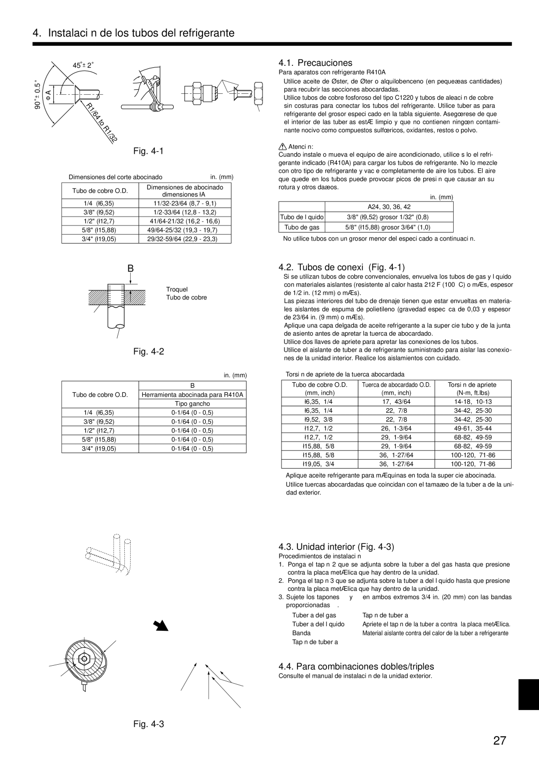 Mitsubishi Electronics PCA-A.KA4 Instalación de los tubos del refrigerante, Precauciones, Tubos de conexió Fig 