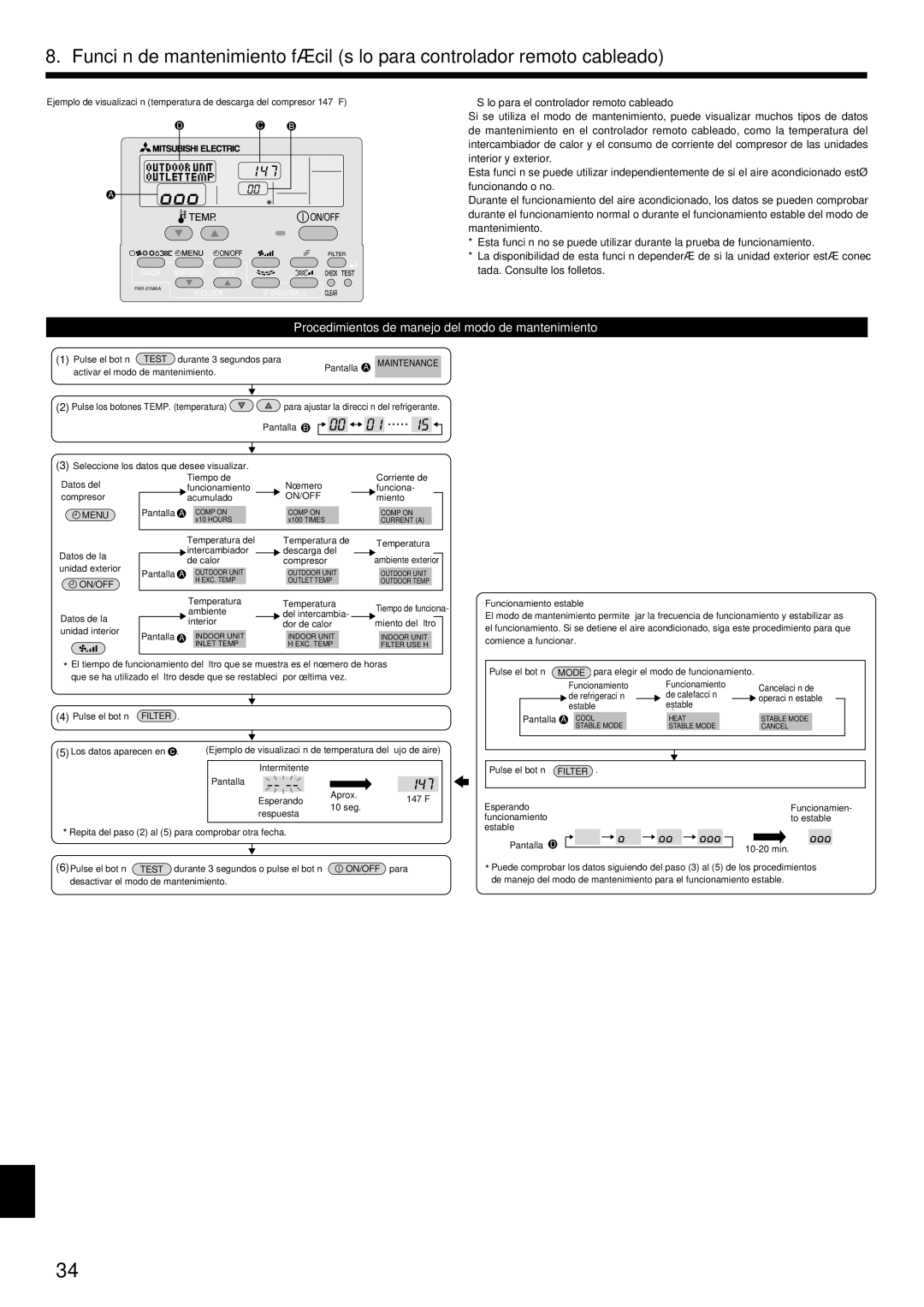 Mitsubishi Electronics PCA-A.KA4 installation manual Procedimientos de manejo del modo de mantenimiento 