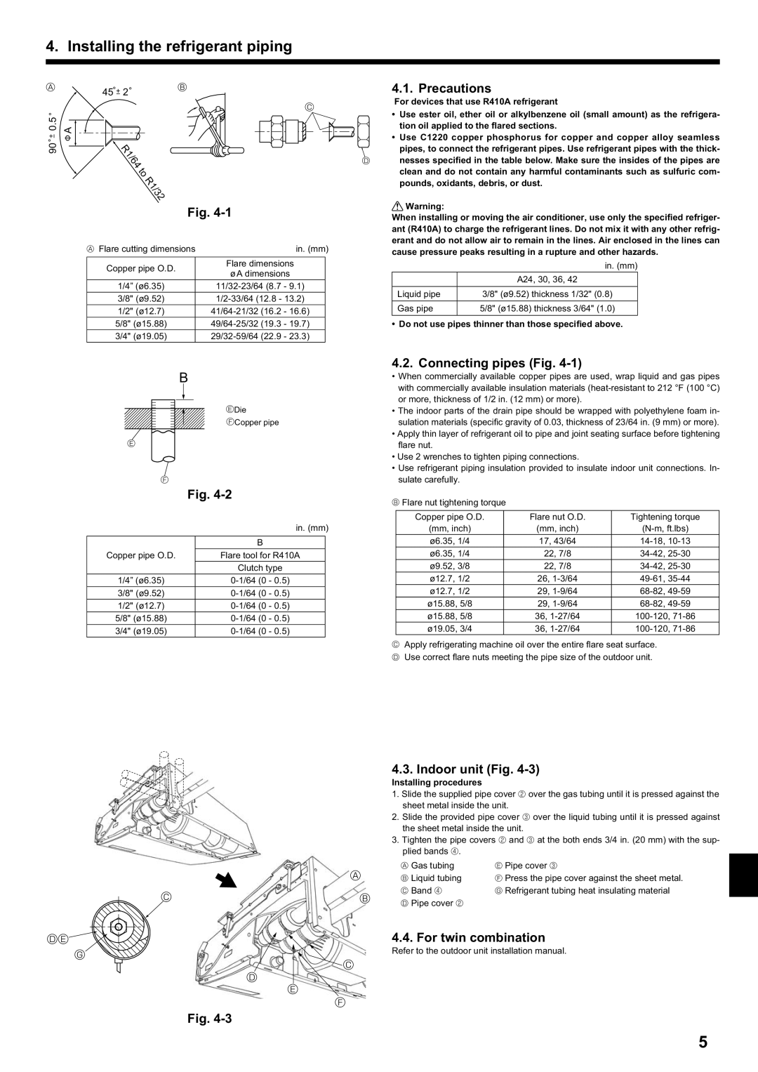 Mitsubishi Electronics PCA-A.KA4 Installing the refrigerant piping, Precautions, Connecting pipes Fig, Indoor unit Fig 