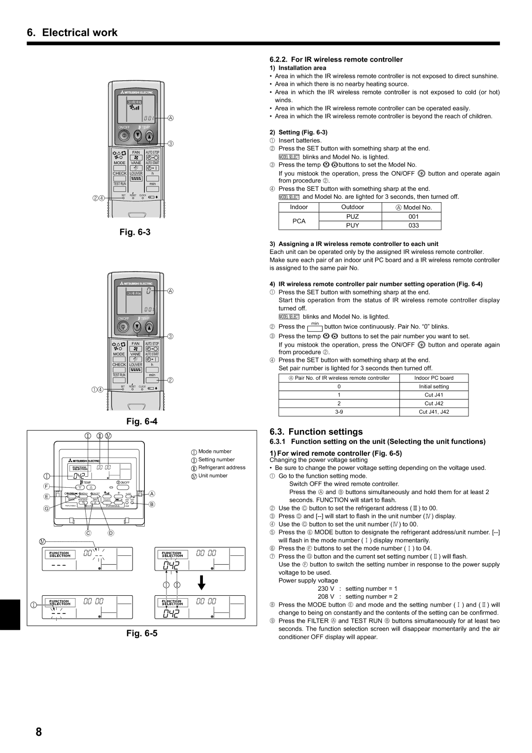 Mitsubishi Electronics PCA-A.KA4 Function settings, For IR wireless remote controller, Installation area 