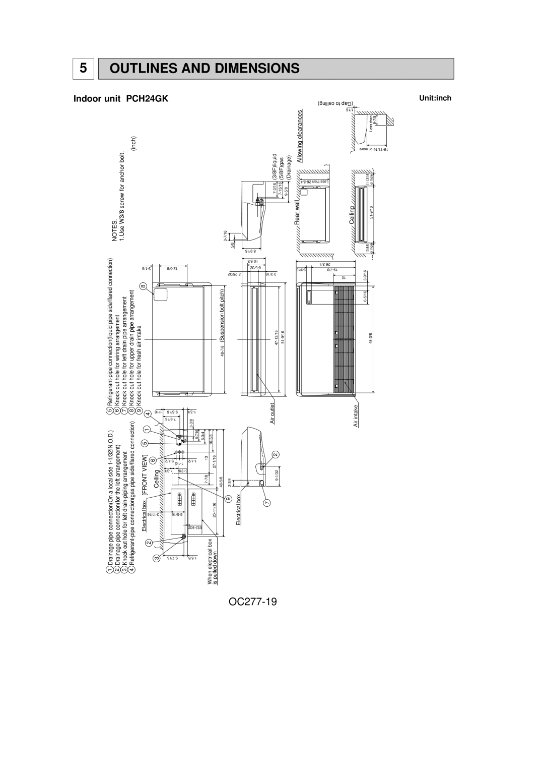 Mitsubishi Electronics PCH42GK, PCH36GK, PCH30GK specifications Outlines and Dimensions, OC277-19, Indoor unit PCH24GK 