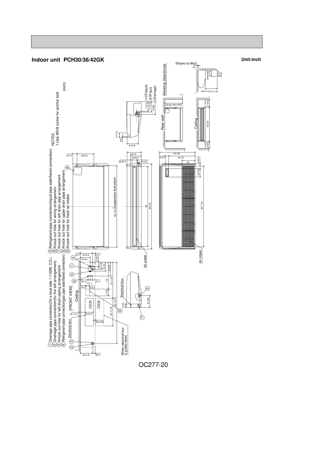 Mitsubishi Electronics PCH24GK, PCH36GK, PCH30GK, PCH42GK specifications OC277-20, Indoor unit PCH30/36/42GK 