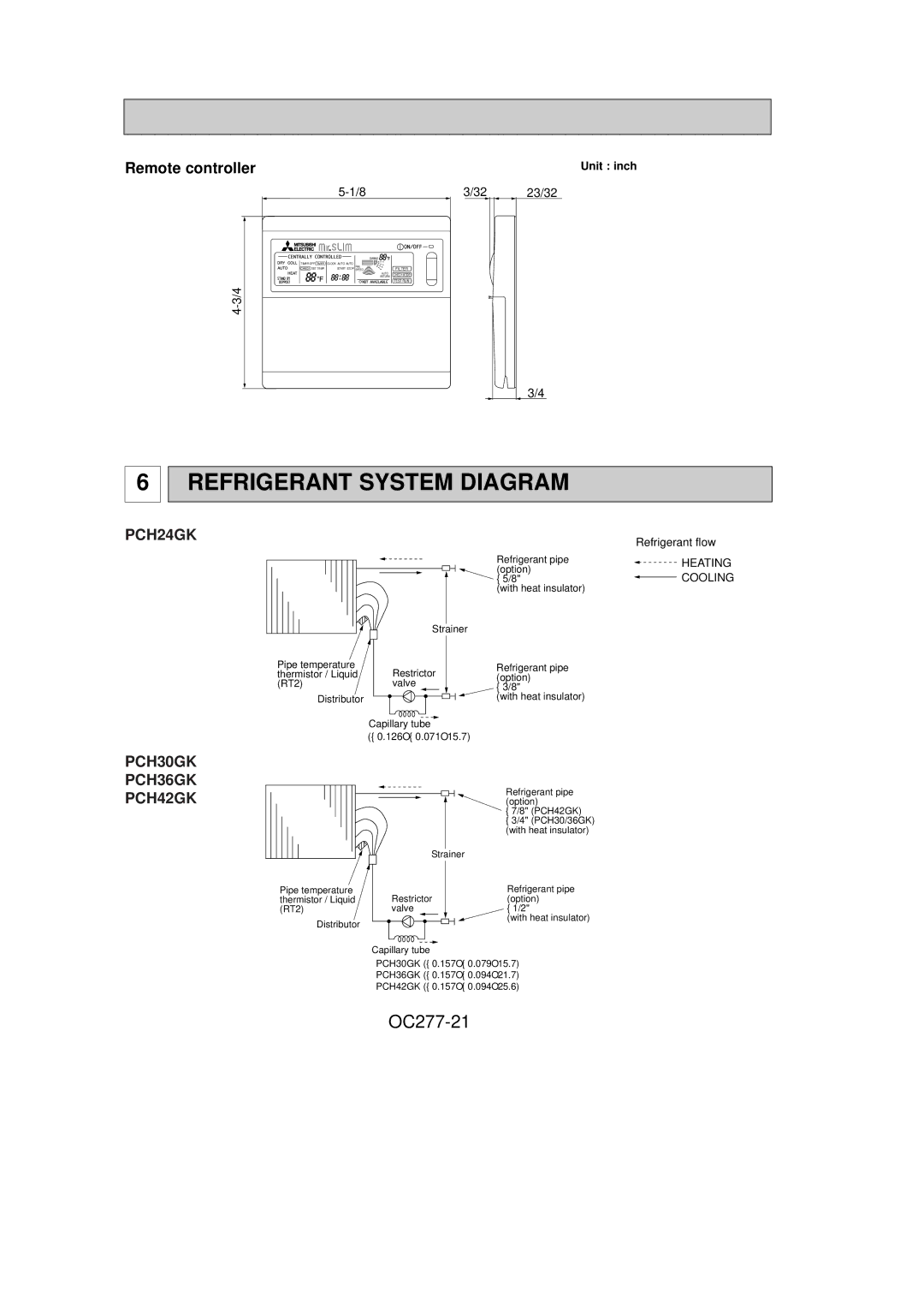 Mitsubishi Electronics Refrigerant System Diagram, OC277-21, Remote controller, PCH30GK PCH36GK PCH42GK, Unit inch 