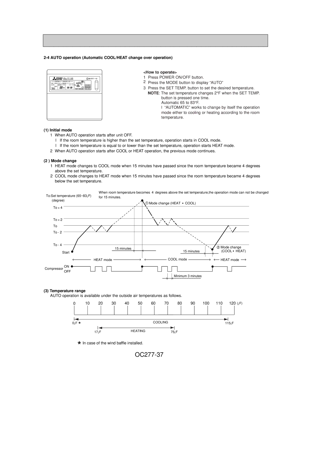 Mitsubishi Electronics PCH36GK, PCH24GK OC277-37, Auto operation Automatic COOL/HEAT change over operation, Mode change 