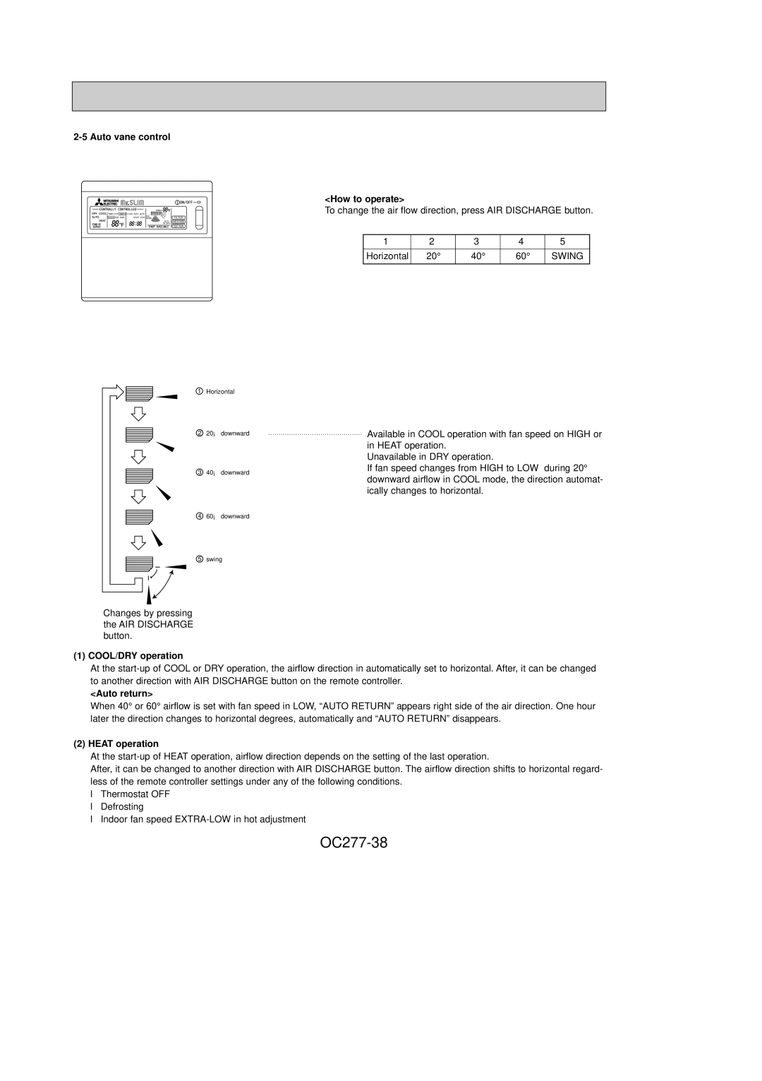 Mitsubishi Electronics PCH30GK, PCH24GK, PCH36GK, PCH42GK specifications OC277-38, COOL/DRY operation, Auto return 