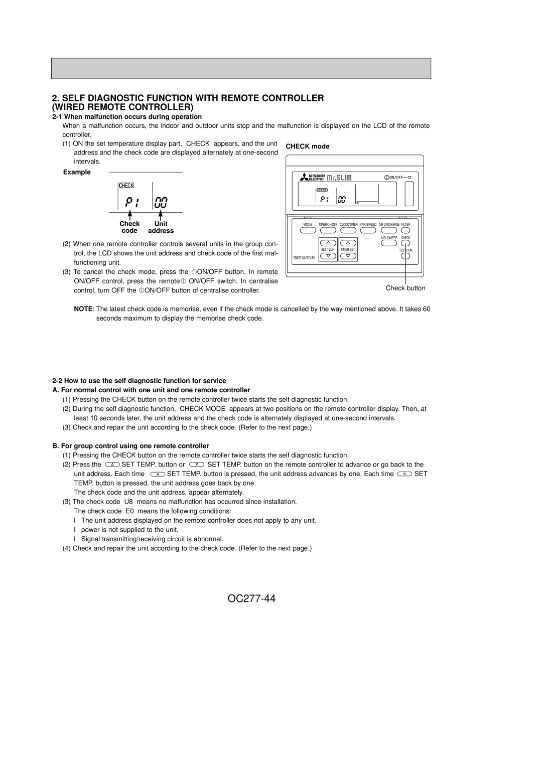 Mitsubishi Electronics PCH24GK OC277-44, When malfunction occurs during operation, Example Check Unit code address 