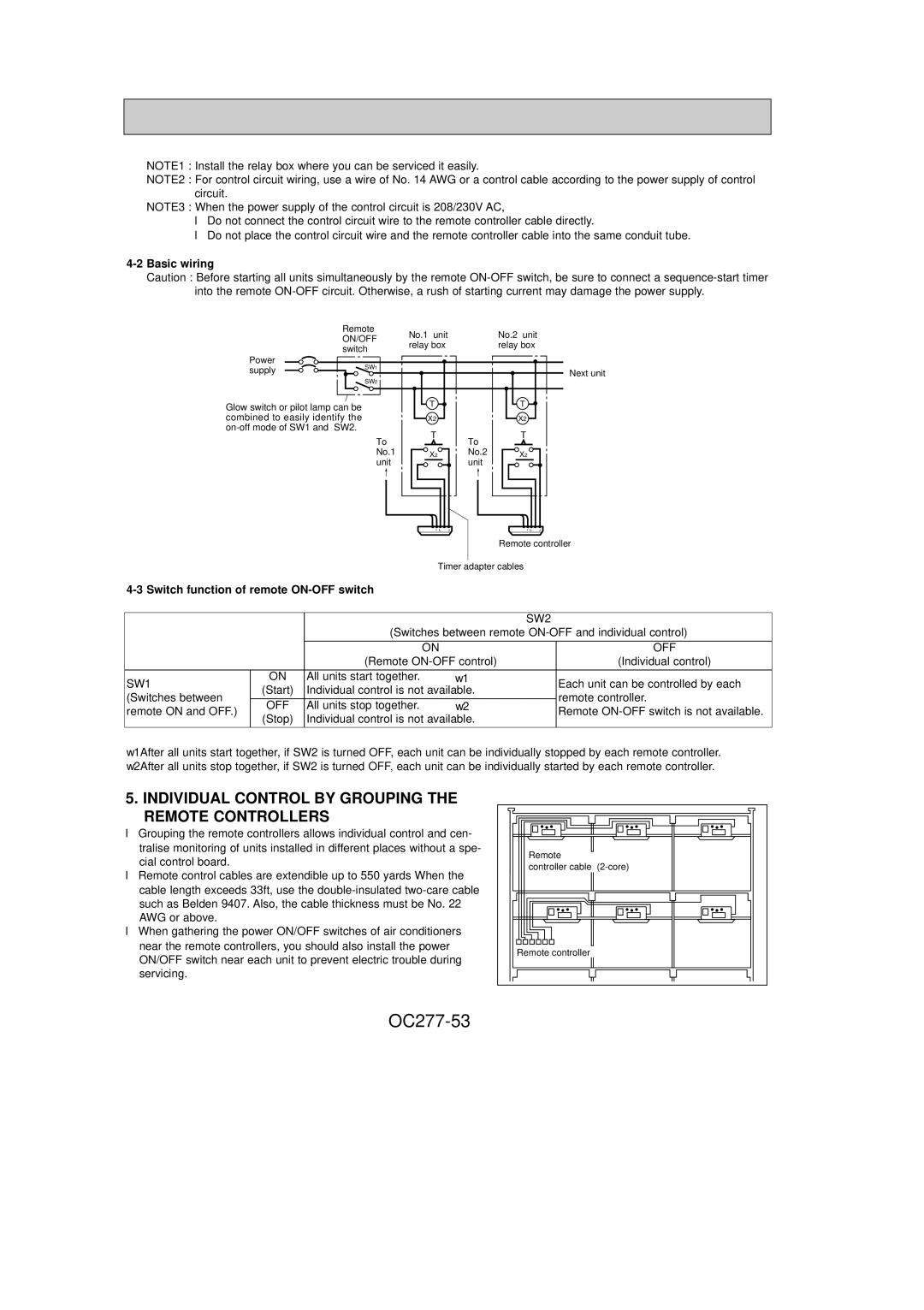 Mitsubishi Electronics PCH36GK, PCH24GK OC277-53, Individual Control by Grouping the Remote Controllers, Basic wiring, SW1 