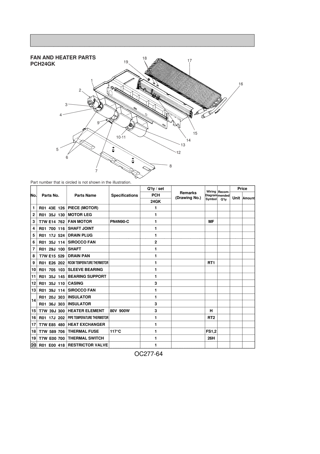 Mitsubishi Electronics PCH36GK, PCH30GK, PCH42GK specifications OC277-64, FAN and Heater Parts PCH24GK 