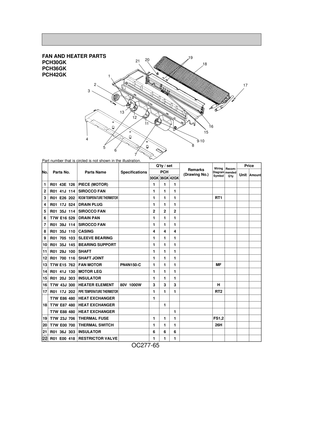 Mitsubishi Electronics PCH24GK specifications OC277-65, FAN and Heater Parts PCH30GK PCH36GK PCH42GK 