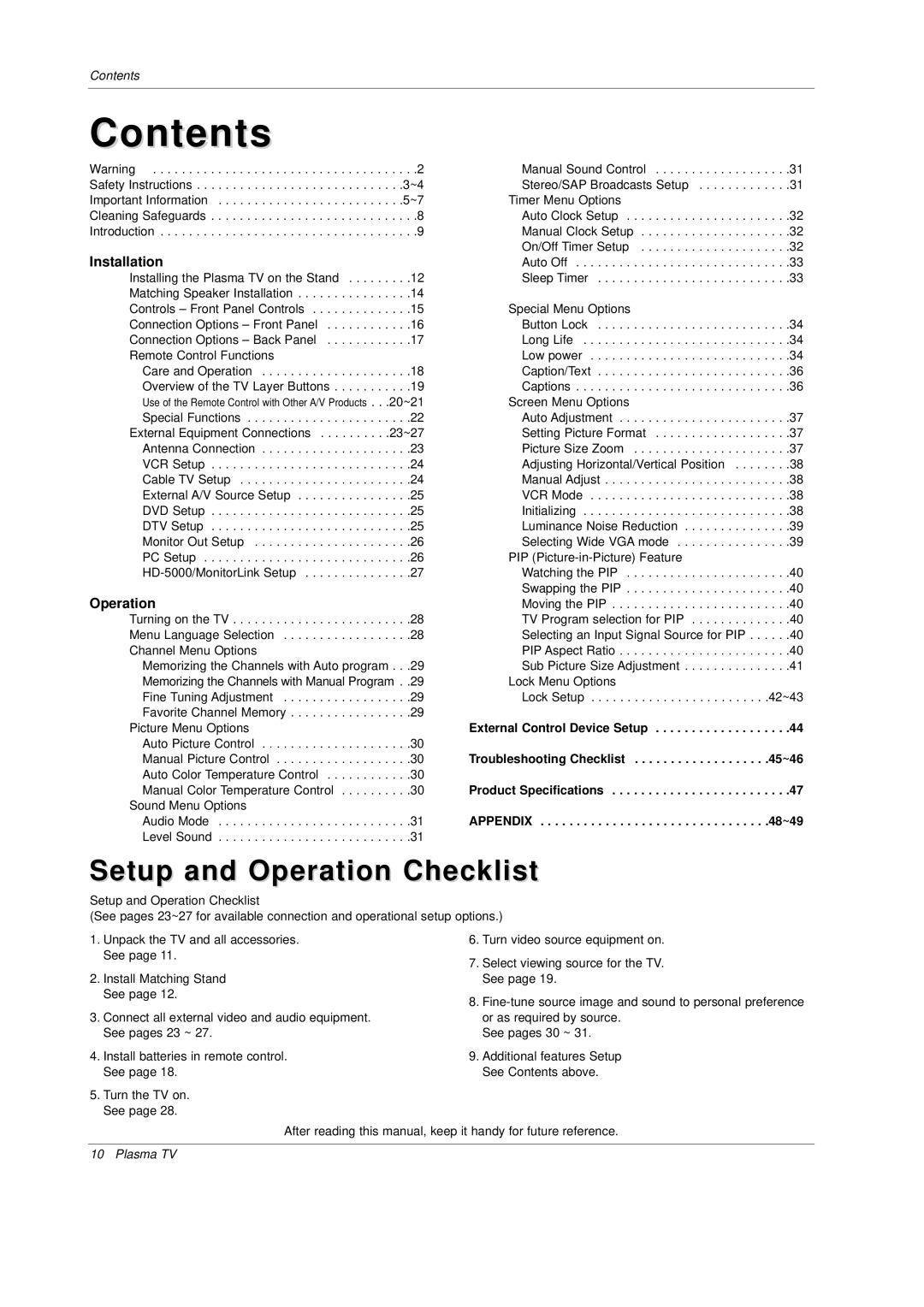 Mitsubishi Electronics PD-4225S manual Contents 