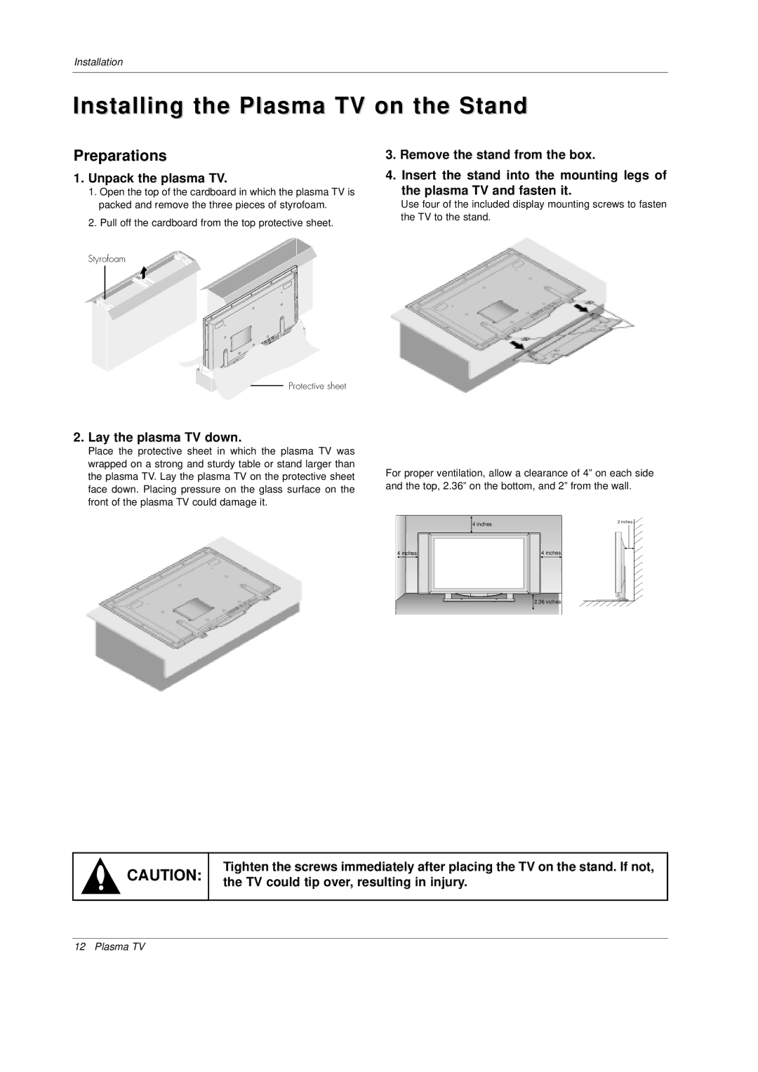 Mitsubishi Electronics PD-4225S manual Installing the Plasma TV on the Stand, Preparations 