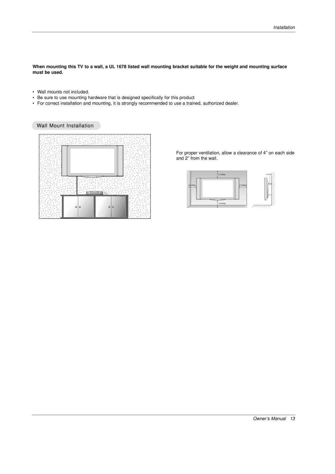 Mitsubishi Electronics PD-4225S manual Wall Mount Installation 