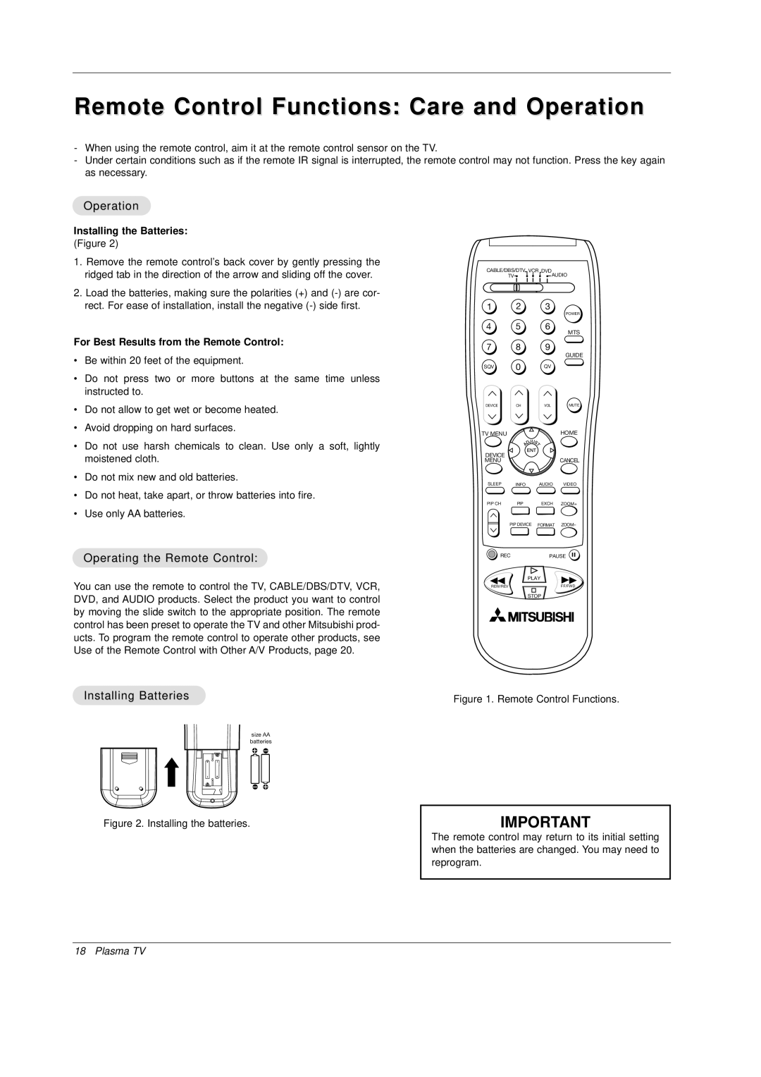 Mitsubishi Electronics PD-4225S manual Remote Control Functions Care and Operation, Operating the Remote Control 