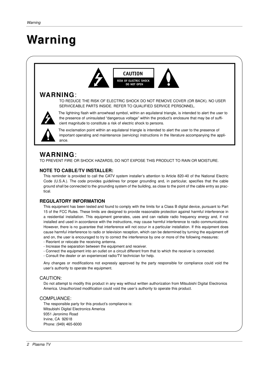 Mitsubishi Electronics PD-4225S manual Regulatory Information 