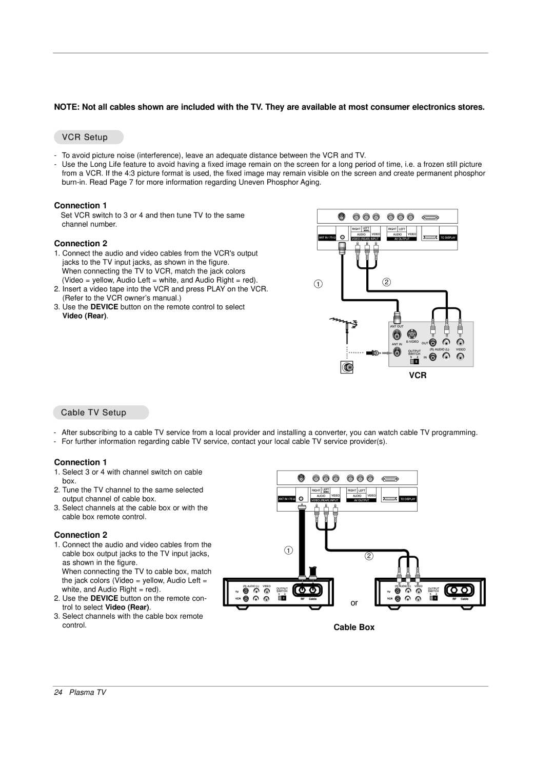 Mitsubishi Electronics PD-4225S manual VCR Setup, Cable TV Setup, Video Rear 