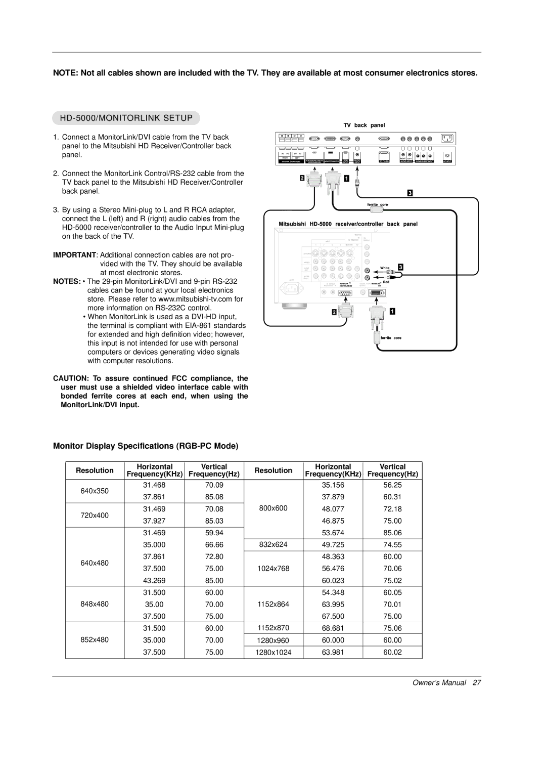 Mitsubishi Electronics PD-4225S manual HD-5000/MONITORLINK Setup, Resolution Horizontal Vertical 