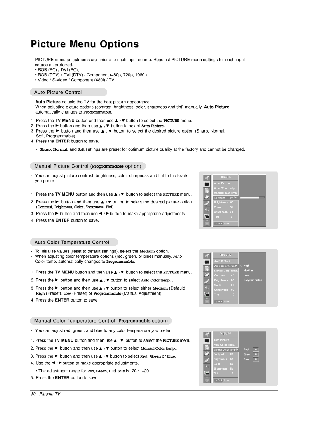 Mitsubishi Electronics PD-4225S Picture Menu Options, Auto Picture Control, Manual Picture Control Programmable option 