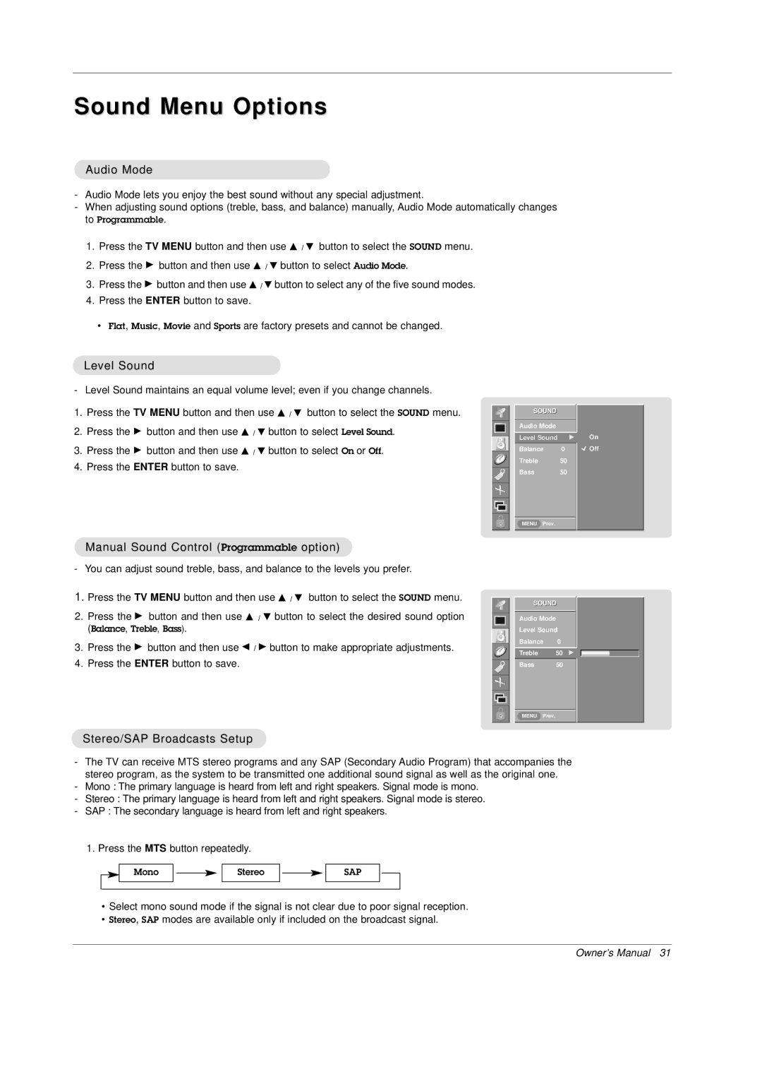 Mitsubishi Electronics PD-4225S Sound Menu Options, Audio Mode, Level Sound, Manual Sound Control Programmable option 