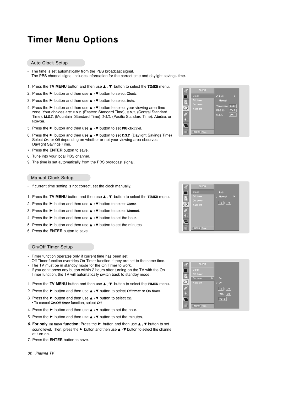 Mitsubishi Electronics PD-4225S manual Timer Menu Options, Auto Clock Setup, Manual Clock Setup, On/Off Timer Setup 