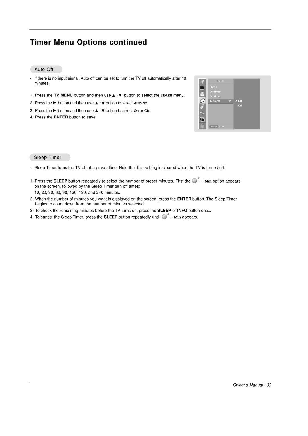 Mitsubishi Electronics PD-4225S manual Auto Off, Sleep Timer 