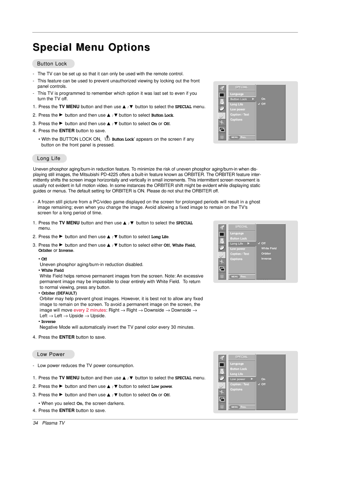 Mitsubishi Electronics PD-4225S manual Special Menu Options, Button Lock, Long Life, Low Power 