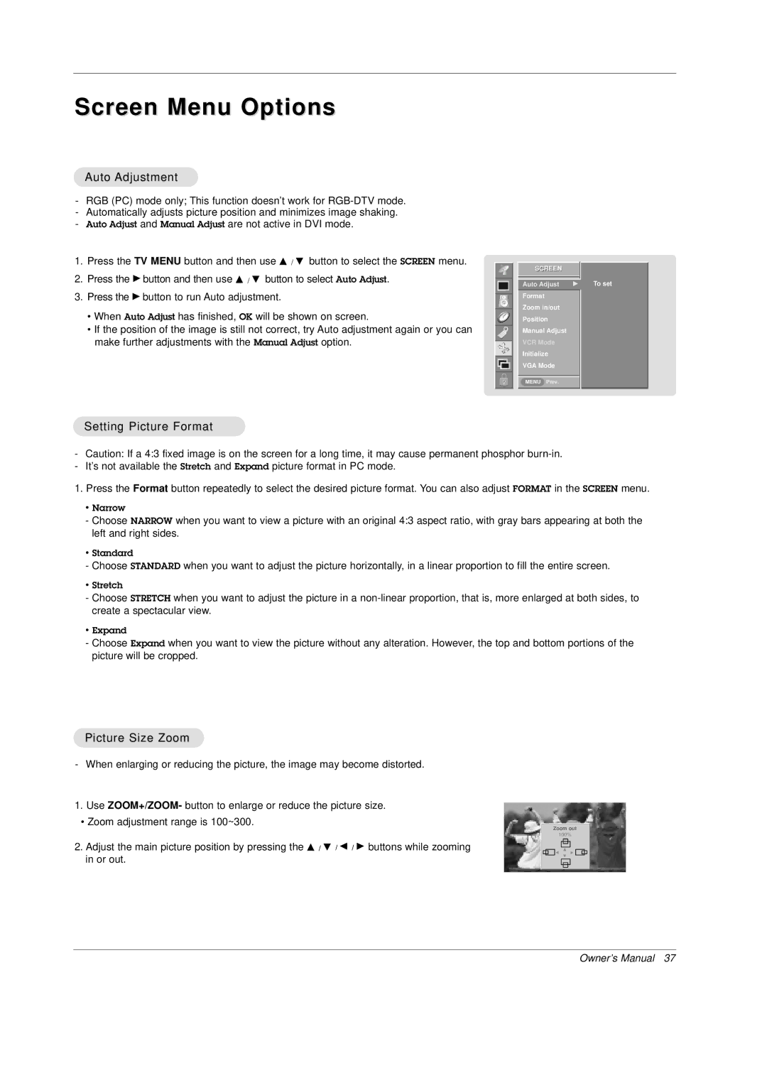 Mitsubishi Electronics PD-4225S manual Screen Menu Options, Auto Adjustment, Setting Picture Format, Picture Size Zoom 