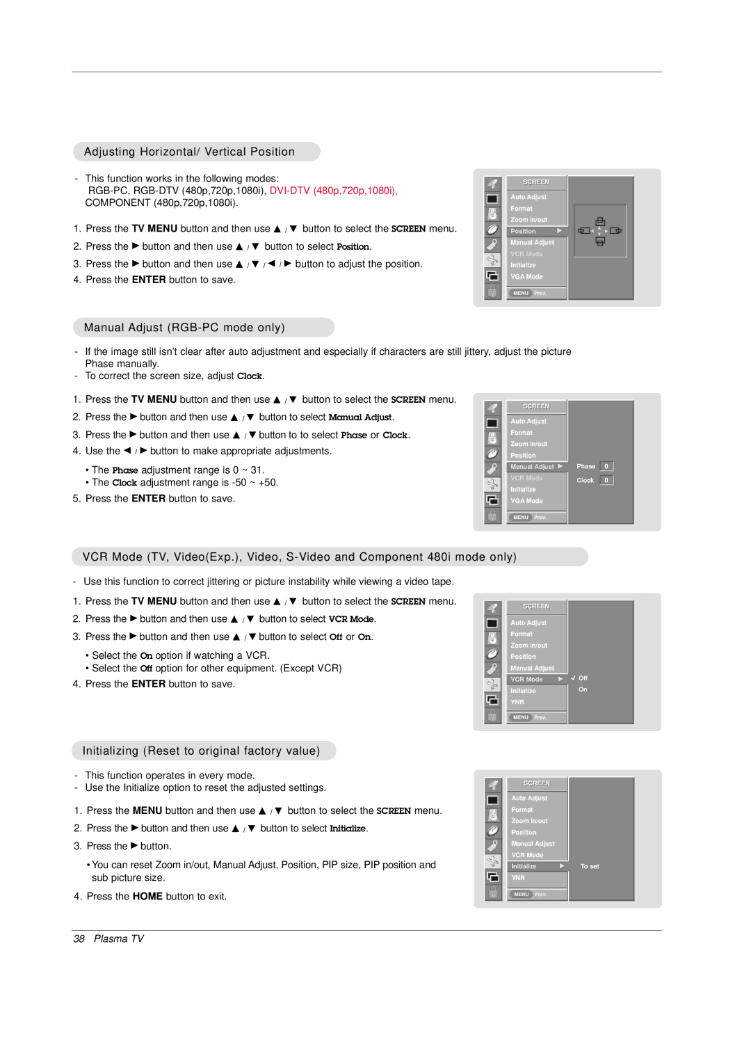 Mitsubishi Electronics PD-4225S manual Adjusting Horizontal/ Vertical Position, Manual Adjust RGB-PC mode only 