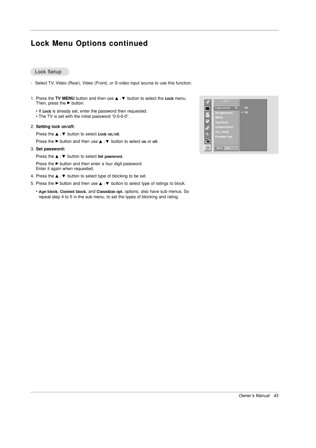 Mitsubishi Electronics PD-4225S manual Lock Setup, Setting lock on/off, Set password 