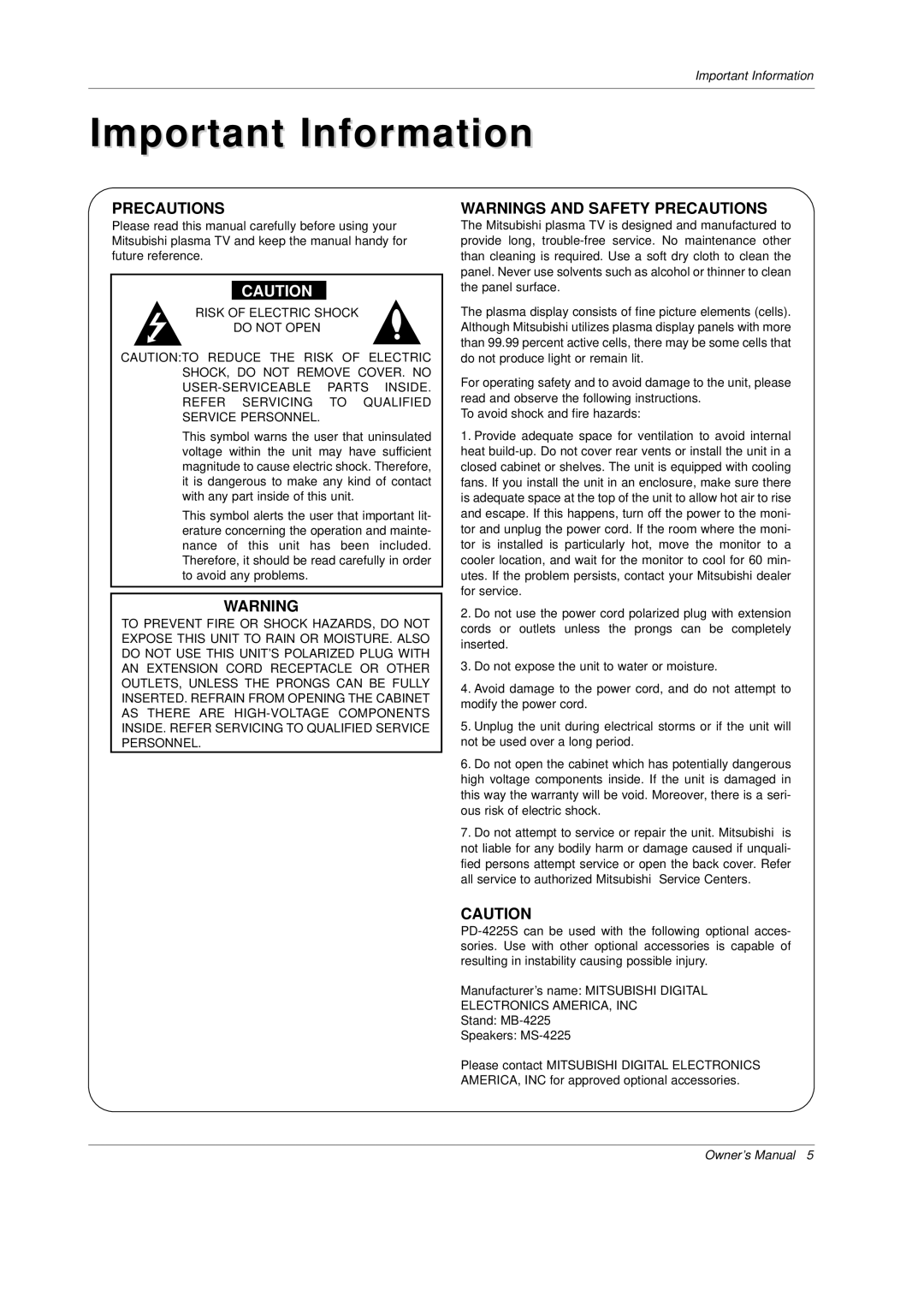 Mitsubishi Electronics PD-4225S manual Important Information, Precautions 