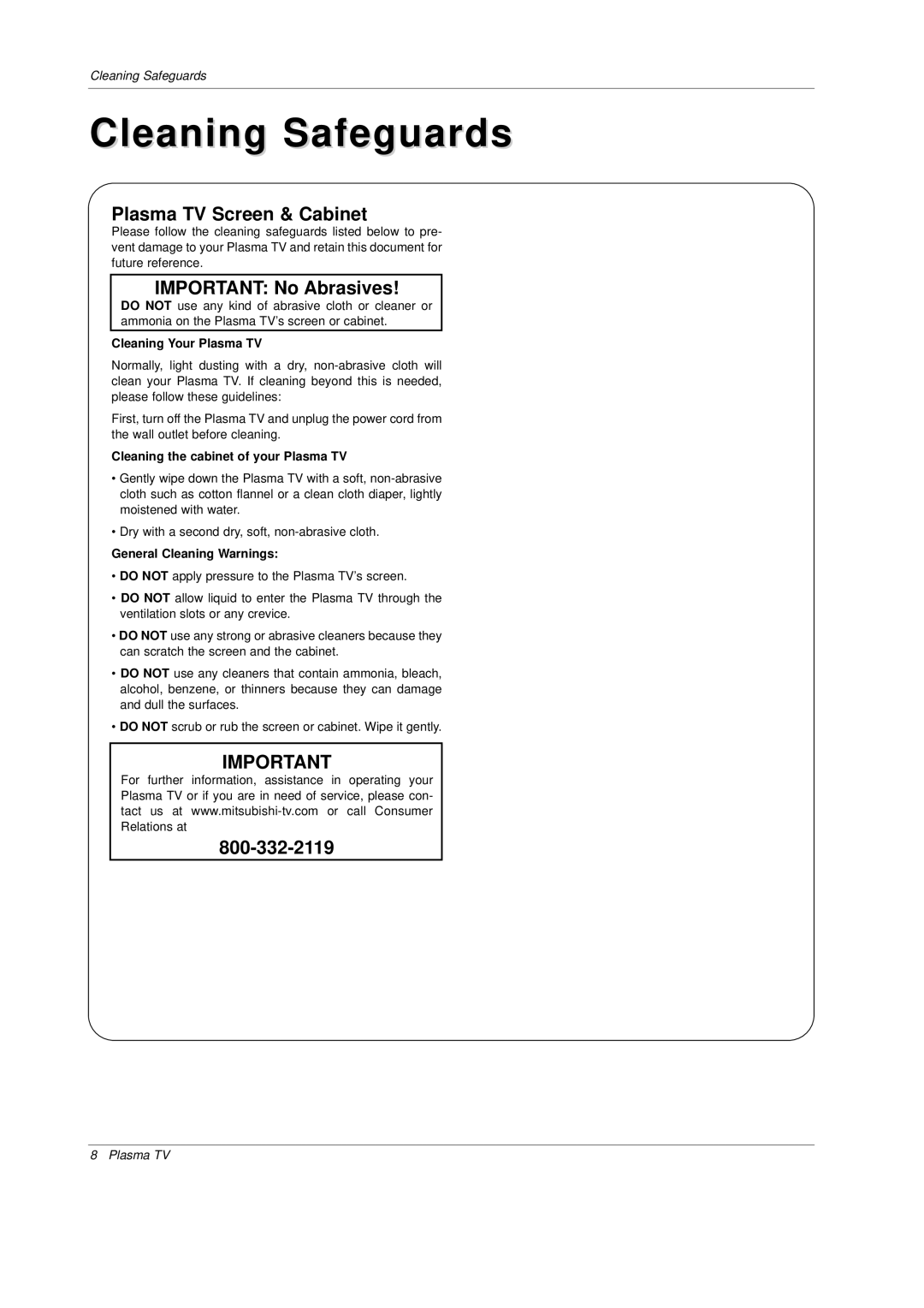 Mitsubishi Electronics PD-4225S manual Cleaning Safeguards, Cleaning Your Plasma TV, Cleaning the cabinet of your Plasma TV 